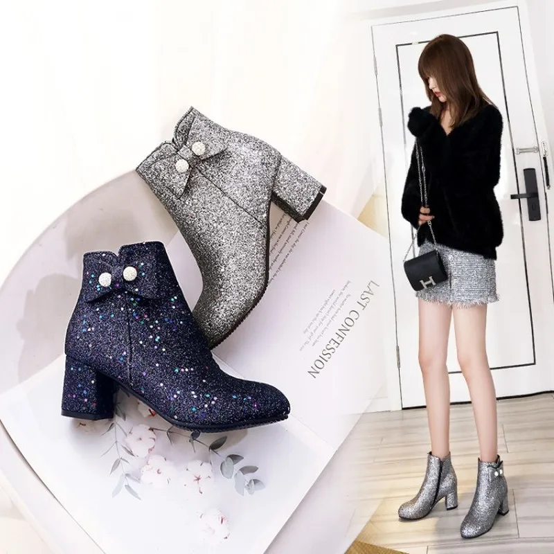 

US4-12 Womens Round Toe Ankle Boots Sequins Bling Bowknot Pearls Decor Block Heel Side Zipper Shoes Warm Winter 2Colors Plus Sz