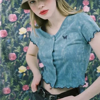 

Women V Neck Button Through Tie-dyed Short Sleeve T-shirt with Frill Trim