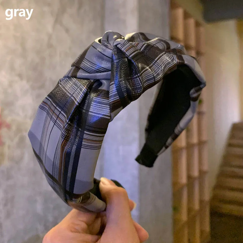 Plaid gray Ретро завязанная повязка на голову ручной работы из искусственной кожи ободок с бантиком женские аксессуары для волос Меховой обруч на голову корейский модный головной убор - Цвет: Plaid gray
