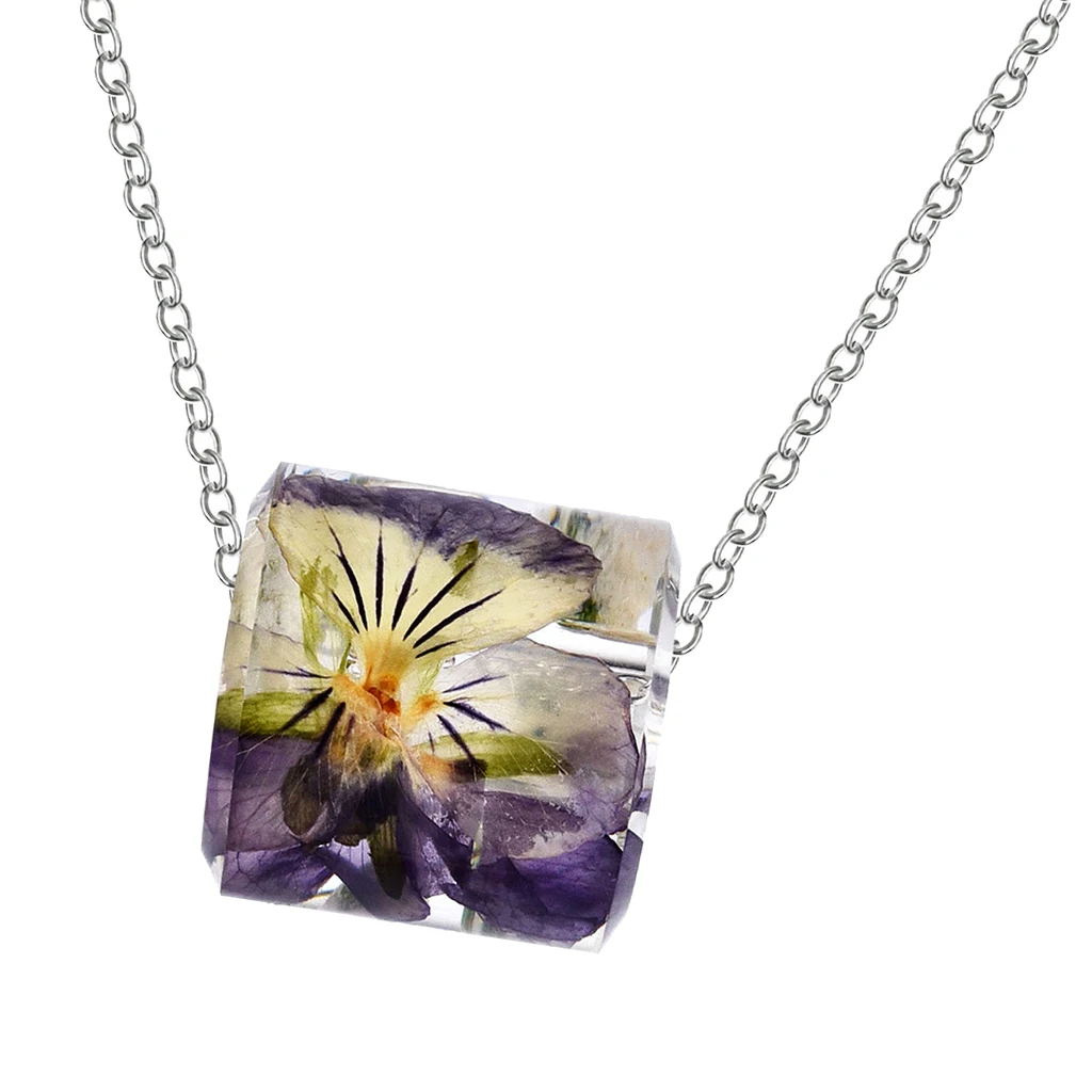 Beautiful Transparent Faux Crystal Charm Dry Flowers Cylindrical Epoxy Resin Pendant Necklace with silver color Alloy Chain 1 Piece