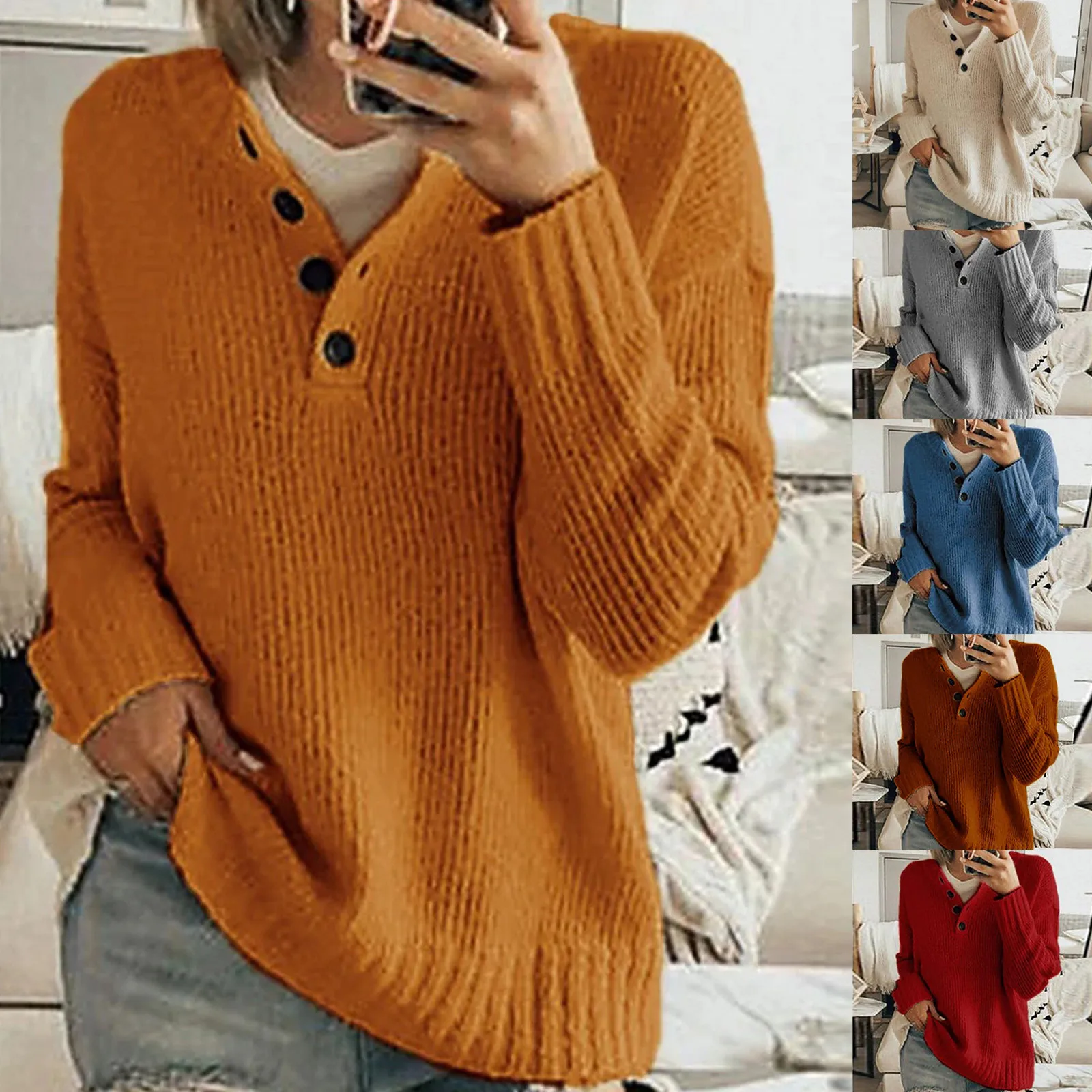 

Autumn Winter Sweaters For Women Solid Long Sleeve Loose Sweater With Buttons Female Winter Fashion Casual Ladies Pullover Tops