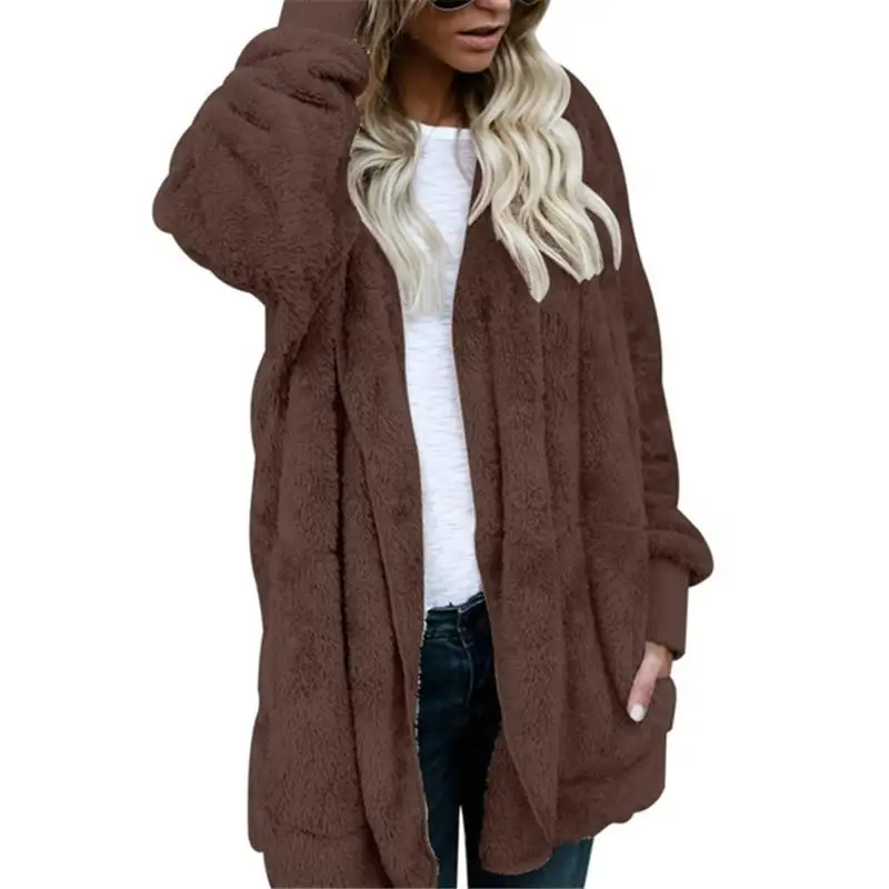 DarkBrown Hoodies Зимнее женское пальто модная однотонная теплая толстовка с капюшоном куртка из искусственного меха Осенняя Повседневная Верхняя одежда с карманами Большие размеры пальто - Цвет: DarkBrown Hoodies