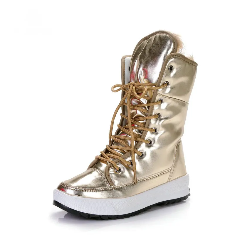 Женские ботинки на шнуровке теплые золотистого цвета плюшевые толстом меху