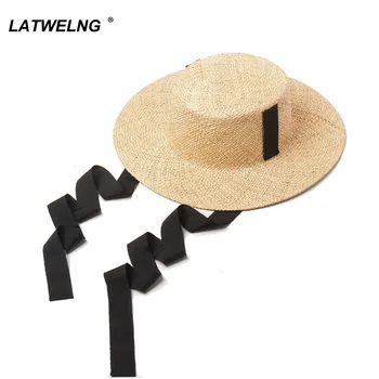 

New Summer Ladies Flat Beach Hats Precious Grass Sun Hat With Long Ribbon Wholesale
