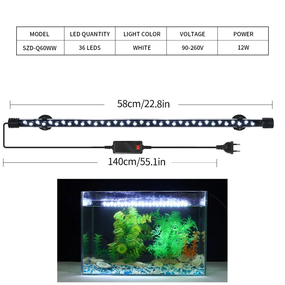 LED Fish Tank Light Indoor Aquarium Decor Lighting Aquatic Lamp Plant Lamp Waterproof Clip Fixed Fish Light 18-58CM 220V EU Plug 