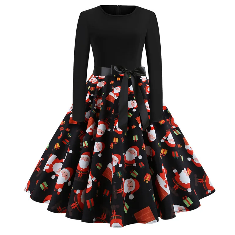 Зимние рождественские платья, женское винтажное платье, элегантное вечернее платье с длинным рукавом, Повседневное платье размера плюс, черное платье - Цвет: Santa Dress 121