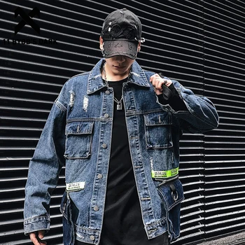 

11 BYBB'S DARK Patchwork Zipper Pockets Mens Denim Coats Vintage Harajuku Hip Hop Streetwear Jackets Casual Male Outwear Tops