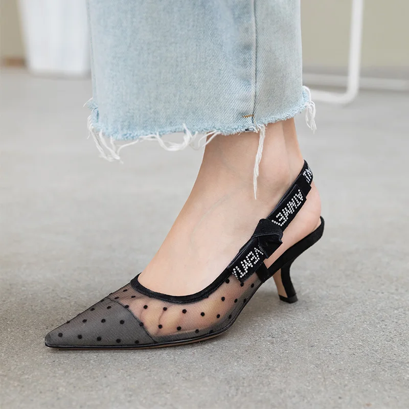 

Sexy Pointed Toe Women Slingback Pumps Black Dots 6cm High Heels Dress Party Espadrilles Bowknot Zapatillas Femmes Wedding Shoes