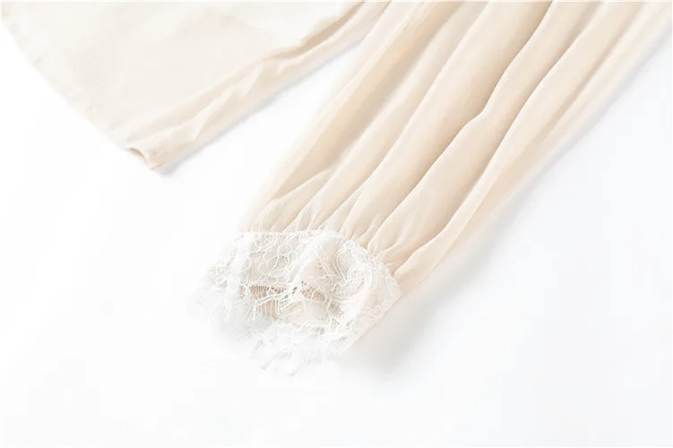Осень абрикосовые женские рубашки женские топы и блузки элегантная шифоновая блузка с длинными рукавами и кружевом посмотрите на дешевое рубашка на пуговицах