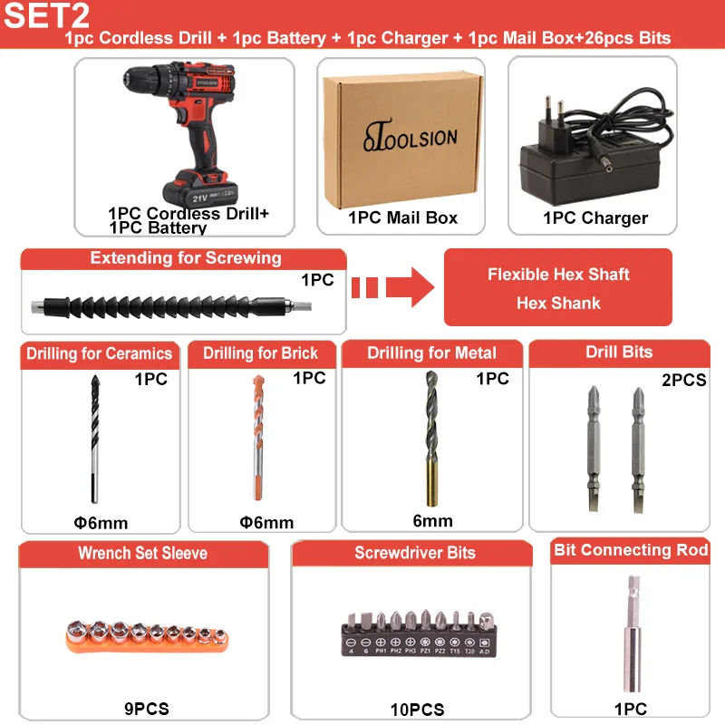 SET2 (1 pc battery) 21 в двойная скорость ударная аккумуляторная отвертка маленькая дрель электрические инструменты молотковая Дрель ударная Отвертка аккумуляторная дрель+ сумка для сумки - Цвет: SET2 (1 pc battery)
