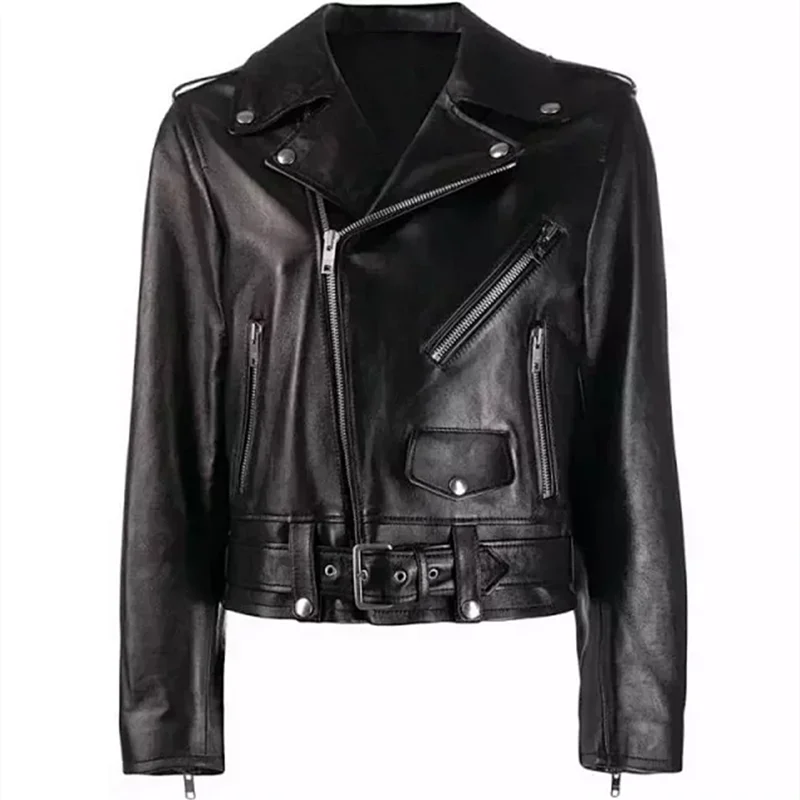 Short Sheep Leather Jacket Women Casual Autumn Winter Cool Black Zipper Jacket