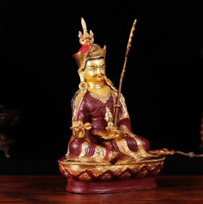 12" Antique Tibetan Buddhist hand painting copper gilt Padmasambhava statue 