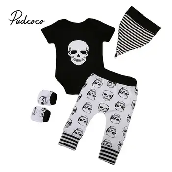

pudcoco Boy Clothes 0M-18M Newborn Kids Toddler Baby Boy Skull Outfits Clothes Bodysuit Tops+Long Pants Hat Socks 4pcs Set