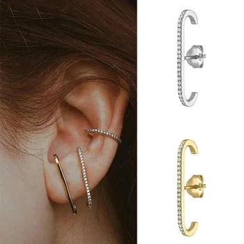 

E-shaped Full Diamond Earrings Fashion Gold Sliver Color Gorgeous Shiny Stud Earring For Women Femme Unique Ear Cuff Jewelry