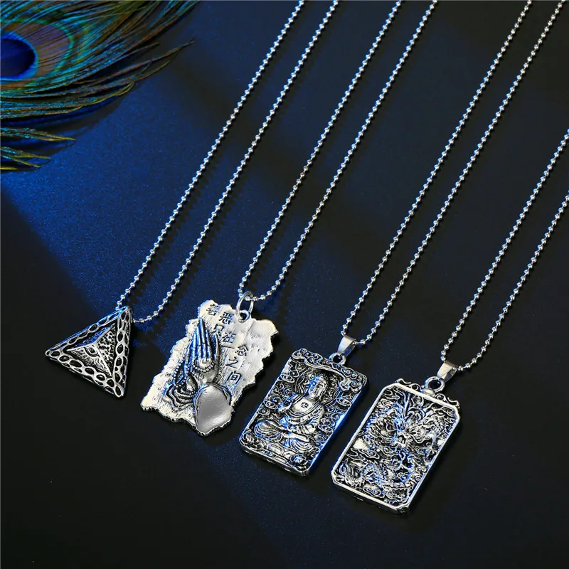 1PC Men Punk Rectangle Carving Buddha Chinese Statement Necklace Vintage Triangle Evil Eye Pendant Choker WomenJewelry | Украшения и