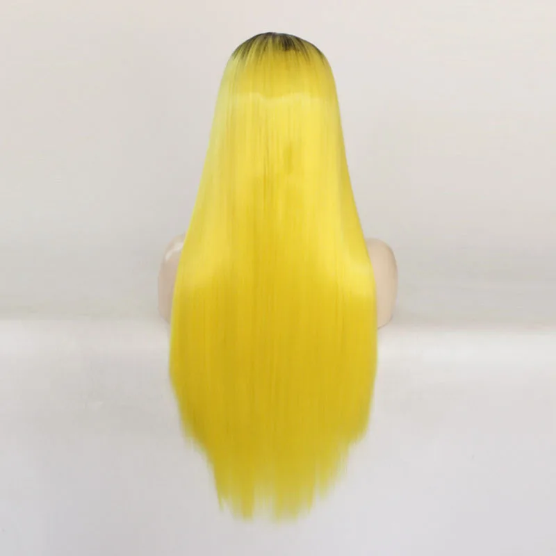 Парики из синтетического кружева спереди для женщин, желтый цвет, Длинные прямые парики с эффектом омбре, средняя часть, парики для косплея, парики из высокотемпературного волокна