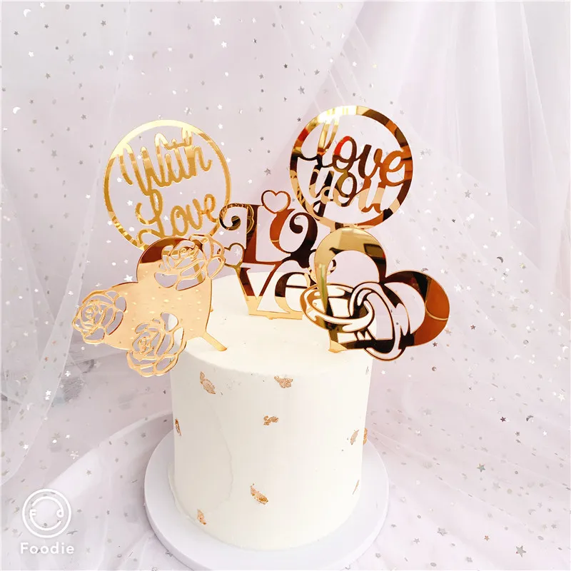 

New Love Heart Wedding Acrylic Cake Topper Gold Flowers Rose Cupcake Topper For Wedding Valentine's Day Party Cake Decorations