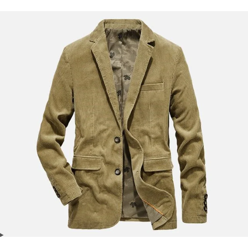 Хаки New Male corduroy suits outerwear casual suit men slim fit blazer mens blazer jacket - Цвет: Хаки