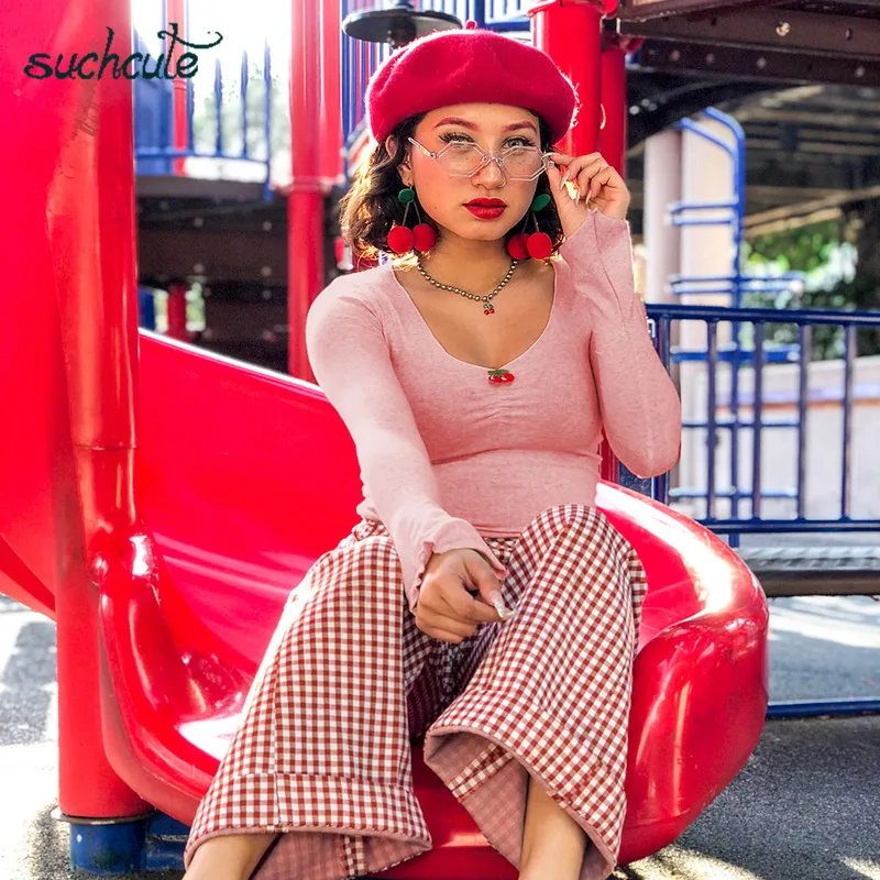 

SUCHCUTE Knitting Femlae T-Shirt V-Neck Pink Elegent Longslive Shirt Modis Casual Harajuku Autumn 2019 Korean Style Female Tops