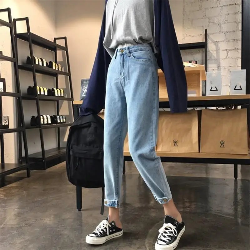 Мода, новинка, свободные шаровары для отдыха, женские джинсы длиной до щиколотки, корейский стиль, высокая талия, черные джинсовые штаны