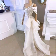 African White Evening Dresses Long Luxury 2021 Off Shoulder Beaded Crystal Overskirt Dubai Women Formal Wedding Party Party Gown