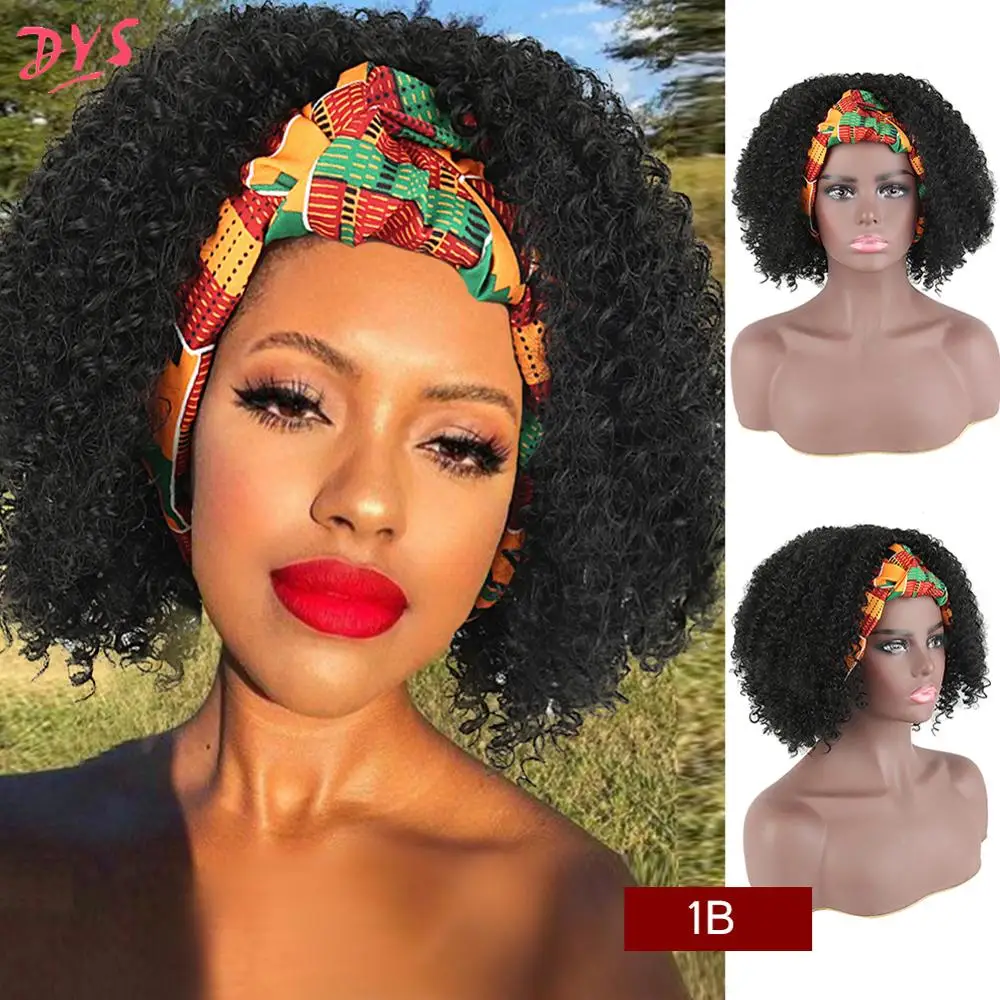 

Synthetic Wig Drawstring Headwrap Wig Short Kinky Curly Turban Wrap-wig 2 in 1 Afro Puff Headband Updo Wig for African American
