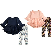 От 2 до 7 лет комплекты одежды для девочек однотонное платье с оборками Топы+ брюки с цветочным принтом осенняя одежда