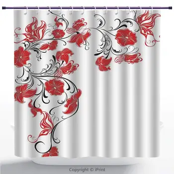 

Soft Fabric Shower Curtain/Red and Black,Japanese Asian Decor Flowers Swirls Ivy and Leaves Butterflies Image,Scarlet and