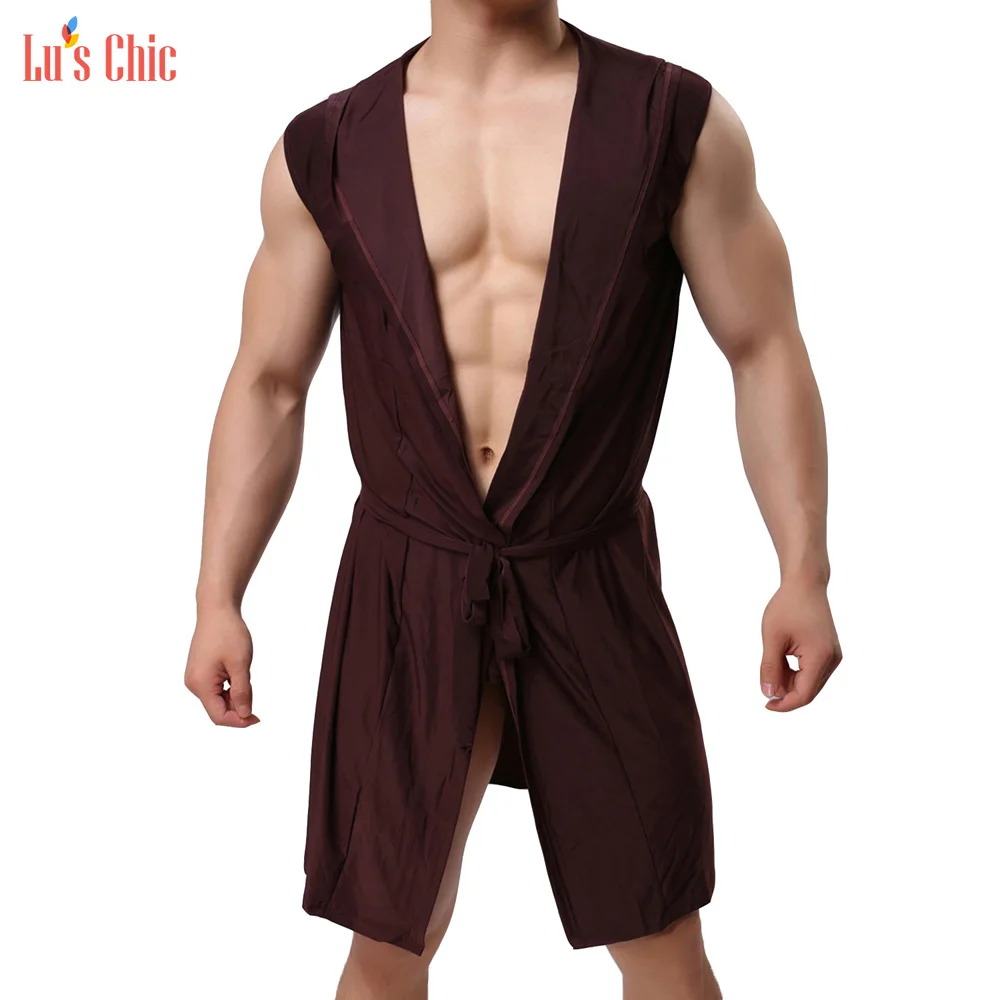 Lu's Chic Men Hooded Kimono Robe Sleeveless Slip Bathrobe Lightweight Sleepwear Night Robes - Цвет: Coffee
