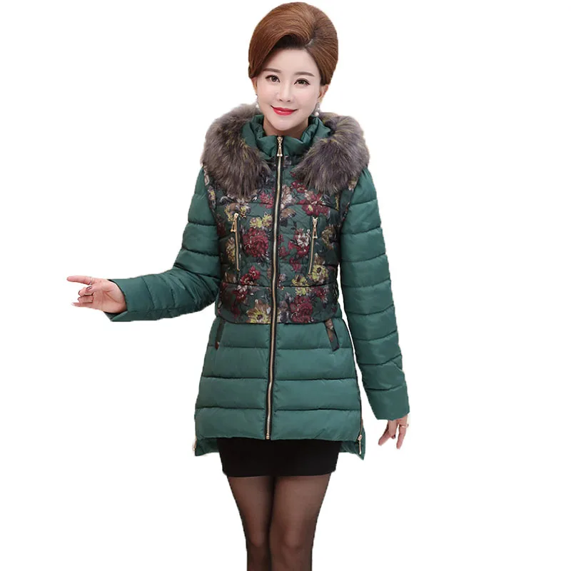 

abrigos mujer invierno 2019 Fashion Print Winter Women Down Cotton Medium-Long Jacket Parka Hooded Fur Collar Thicken Overcoat