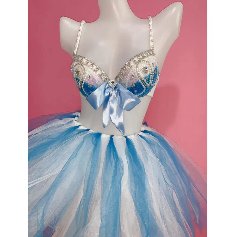 (Бюстгальтер + юбка) синий сексуальный женский комплект из 2 предметов для бара