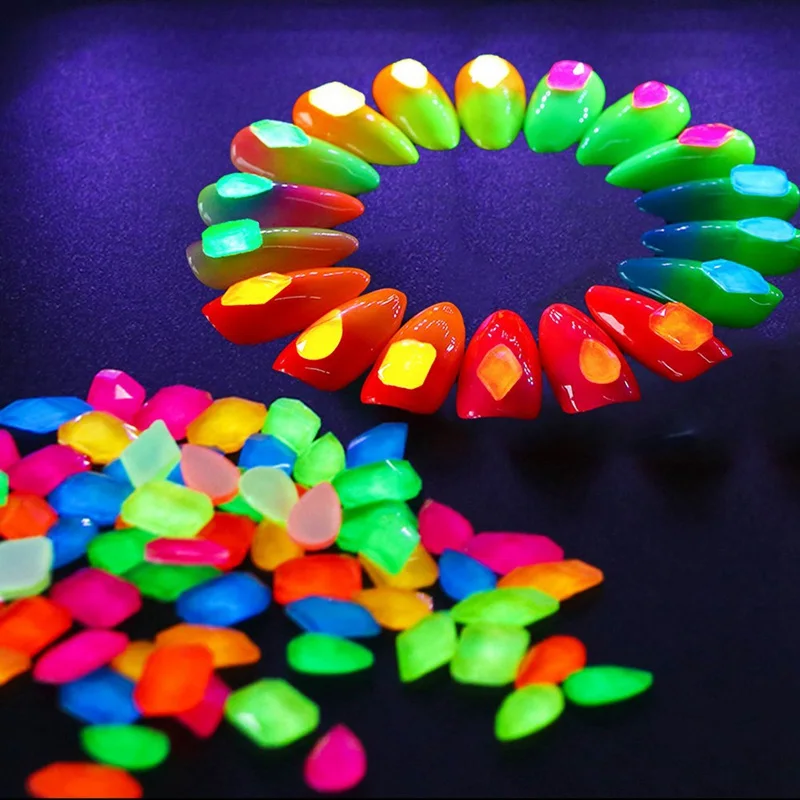 

12pcs Rhinestones Nail Fluorescent Designs 3D Mixed Shape Flatback Nail Gems Neon Glow in the Dark Nail Art Decorations