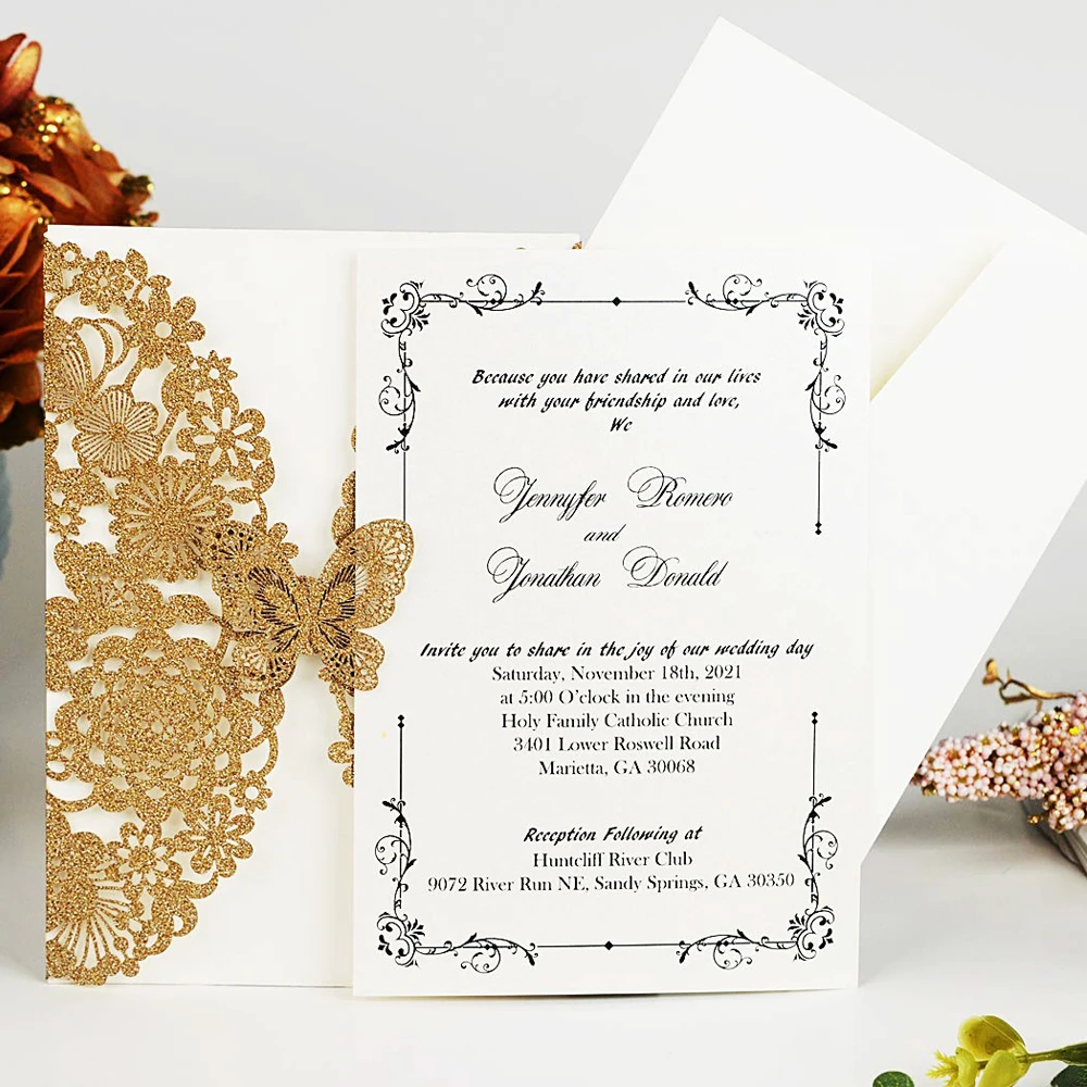  Wishmade 100pcs Lace Wedding Invitations Cards with Gold Glitter Laser Cut Butterfly for Bridal Sho - 4.00042E+12