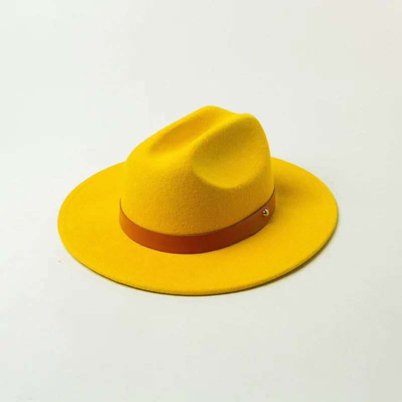 yellow ; высокое качество; Детские джазовые шерстяные фетровые шляпы с украшением на поясе; сезон осень-зима; модная повседневная фетровая шляпа; 9 цветов - Цвет: yellow