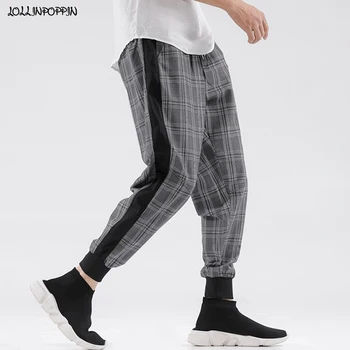 

Side Stripe Men Checkered Pattern Jogger Pants Drawstring Elastic Waist 2020 Spring Summer Mens Ankle Length Plaid Casual Pants