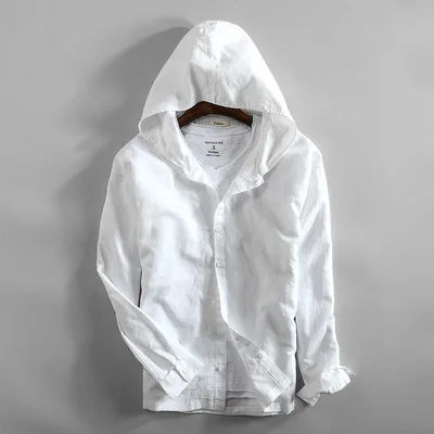 white Men Spring And Autumn Fashion Brand China Style Vintage Solid Color Cotton Linen Hooded Jacket Male Casual Thin Jacket Coat - Color: white