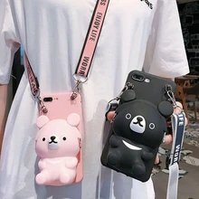 Cute 3D Cartoon Bear Soft Silicone Phone Case Wallet For iphone 8Plus 11Pro 6 7 X XS Max XR Card Wallet Lanyard Mobile Phone bag