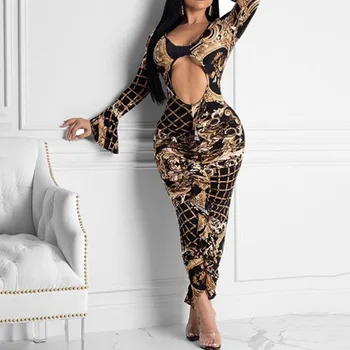 

Sexy Print Long Party Dress Women Elegant Evening Robe Hollow Flare Sleeve Ruffle Bodycon Dresses 2020 Spring Plus Size Vestido