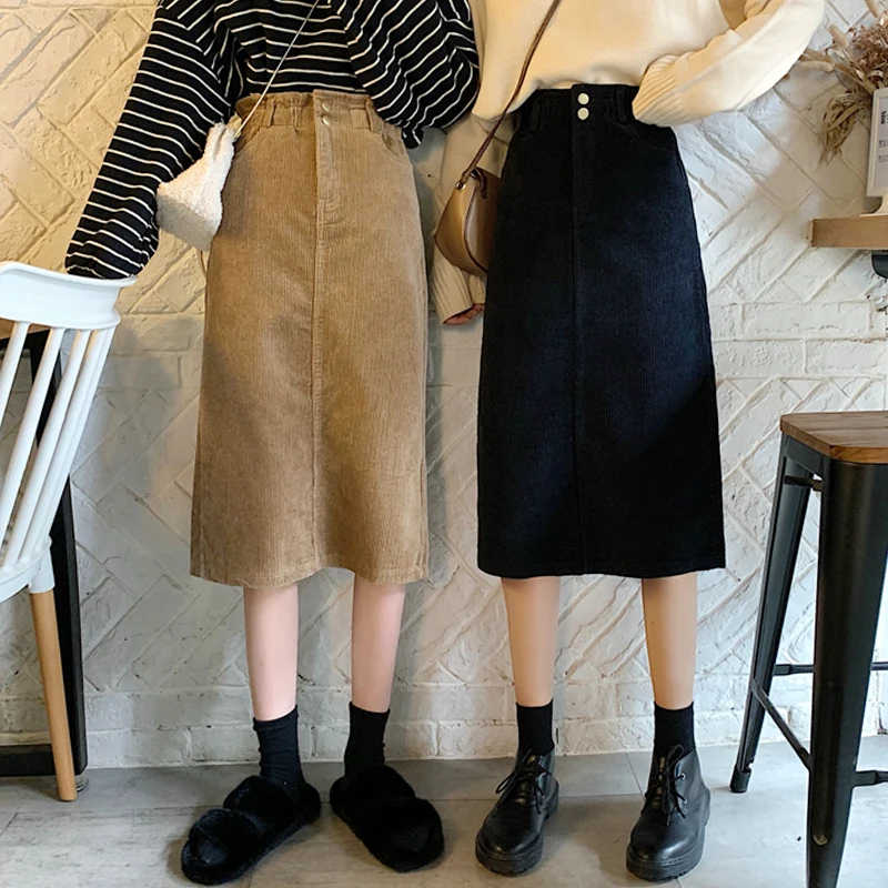 High Waist Midi Corduroy Side Slit Skirt Women A-line Loose Streetwear Skirts Female Pockets Denim 2022 Autumn Winter | Женская одежда