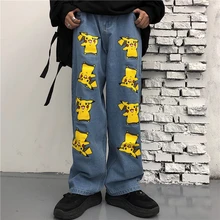 Корейские Мультяшные Джинсы женские весенние осенние брюки бойфренда с принтом Джинсовые штаны с высокой талией женские широкие джинсы Горячая новинка