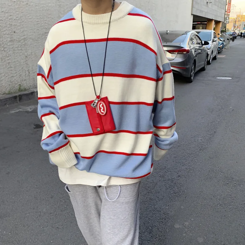 Winter Thick Striped Sweater Men Warm Fashion Contrast Color Casual Knitted Pullover Mens Loose Sweater Male 4