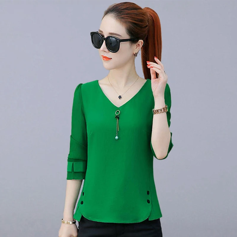 

Autumn Long Sleeve Chiffon Blouses Women Casual Basic Shirts New Fashion Korean V-neck Ladies Elegant Tops Shirts Plus Size P150