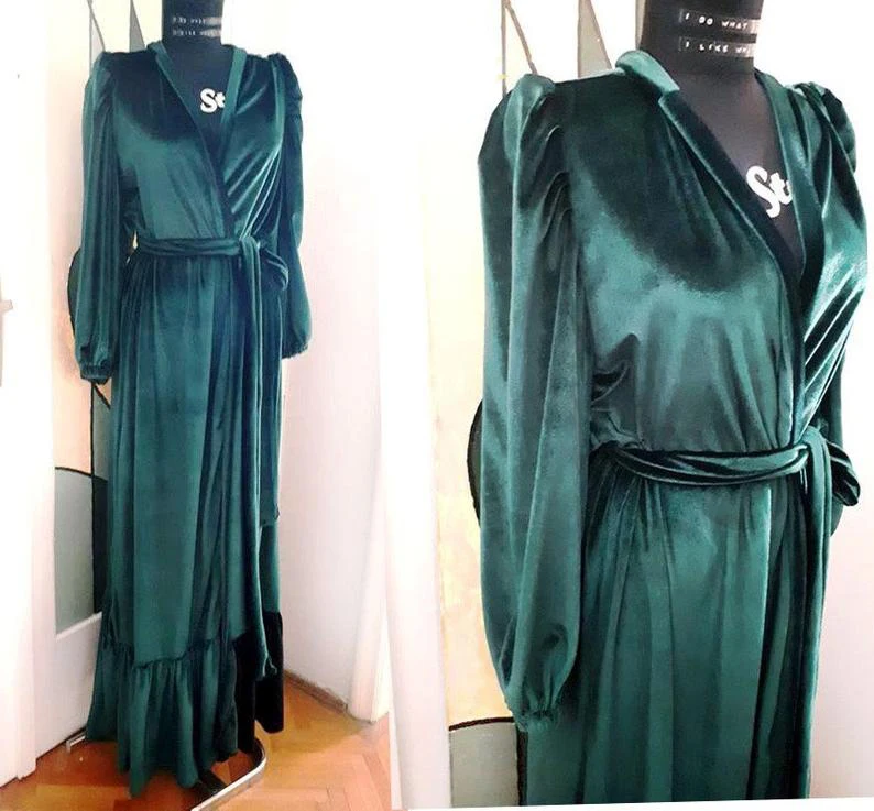 

Женский халат длиной до пола, темно-зеленая бархатная ночная рубашка, длинный халат с длинным рукавом