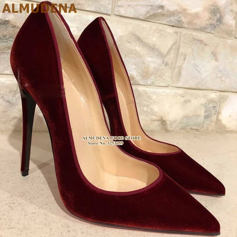 ALMUDENA/роскошные бархатные туфли-лодочки с острым носком модельные туфли на шпильке свадебные туфли на каблуке 12, 10, 8 см винно-красного, фиолетового цвета размер 45
