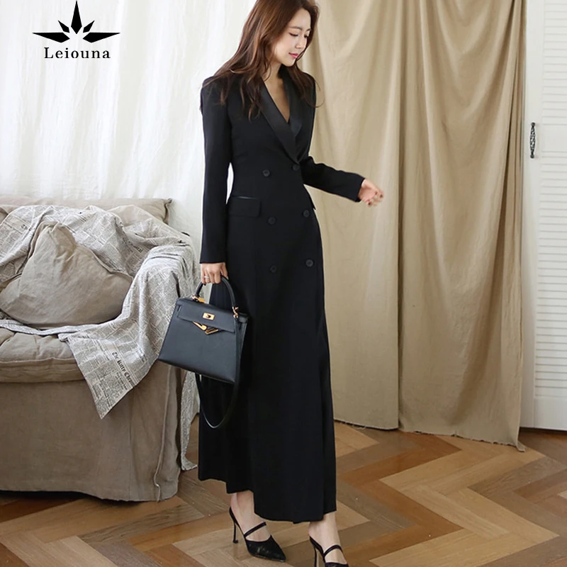 

Leiouna X-Long Casual A-Line Fashion New Autumn Winter Office Womens Runway Designer Women Trench Black Maxi Coat Outwear