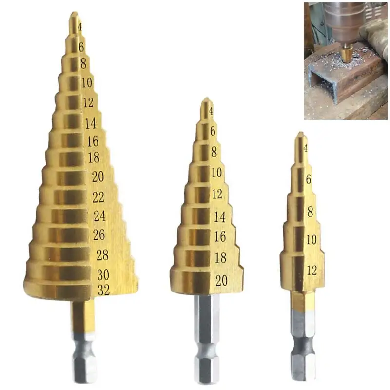 

Titanium Coated Step Drill Bit 4-12 4-20 4-32 Drilling Power Tools Metal High Speed Steel Wood Hole Cutter Cone Drill