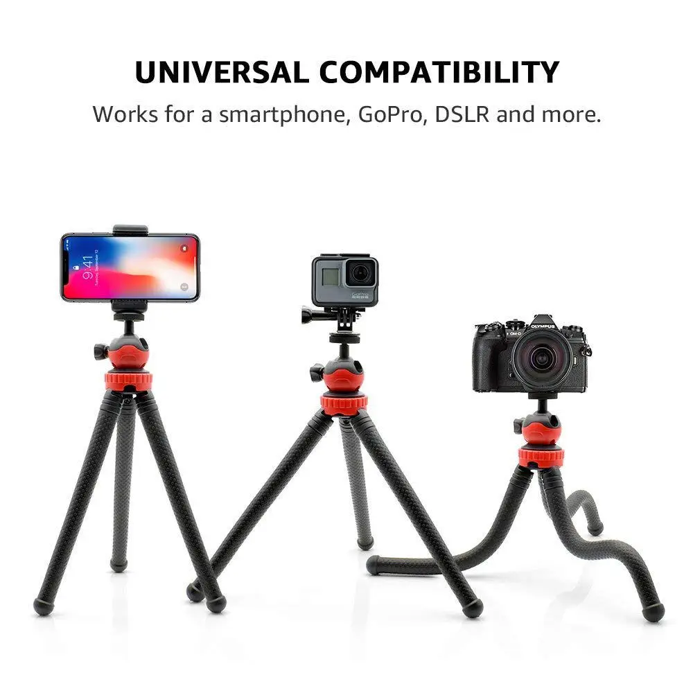 Гибкий штатив с шаровой головкой для iPhone, Android Phone, GoPro, DSLR camera и многого другого, в комплекте универсальный зажим для смартфона и Go Pro