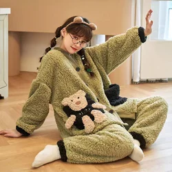 Coral Fleece Pajamas Set For Women Winter Thicken Warm Flannel Female Sweet Cute Long Sleeve Full Trousers Pyjamas Suit Homewea