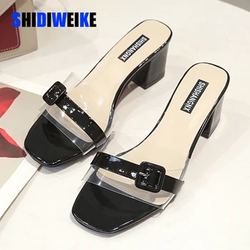 

2020 Summer Woman Slippers Buckle Transparent PVC Slipper Out Side Slides Women Slip on Square heel Slipper zapatos mujer I164