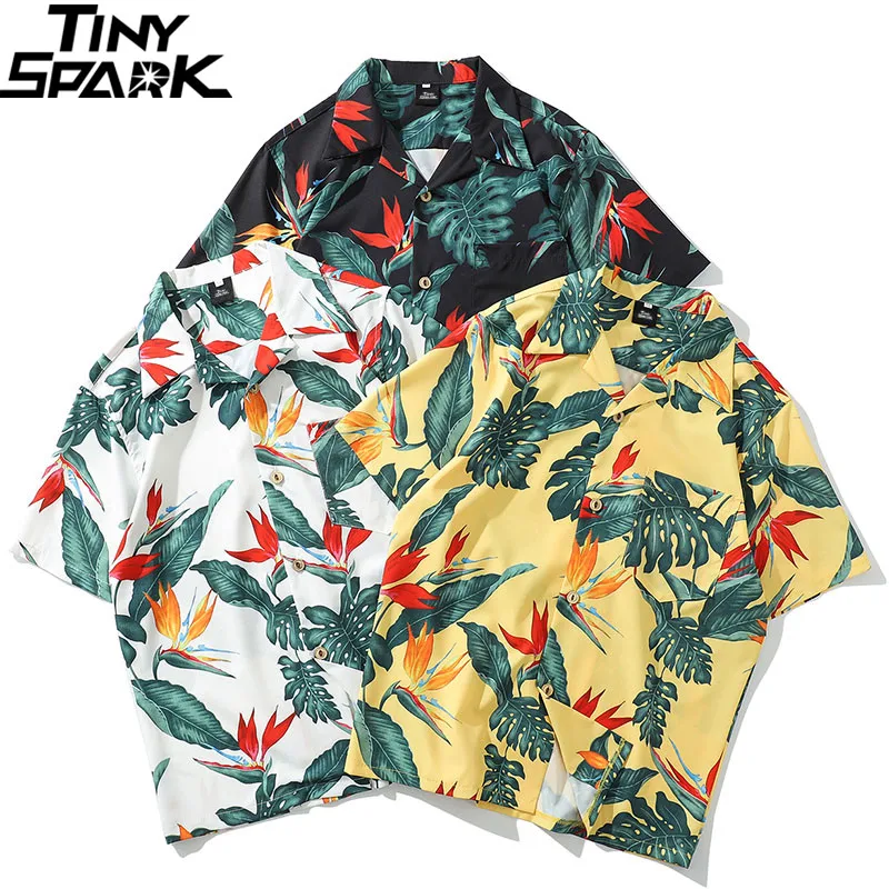 Рубашка в стиле хип-хоп Ретро винтажная уличная Мужская гавайская рубашка с принтом листьев Harajuku модная летняя пляжная рубашка Топы с коротким рукавом